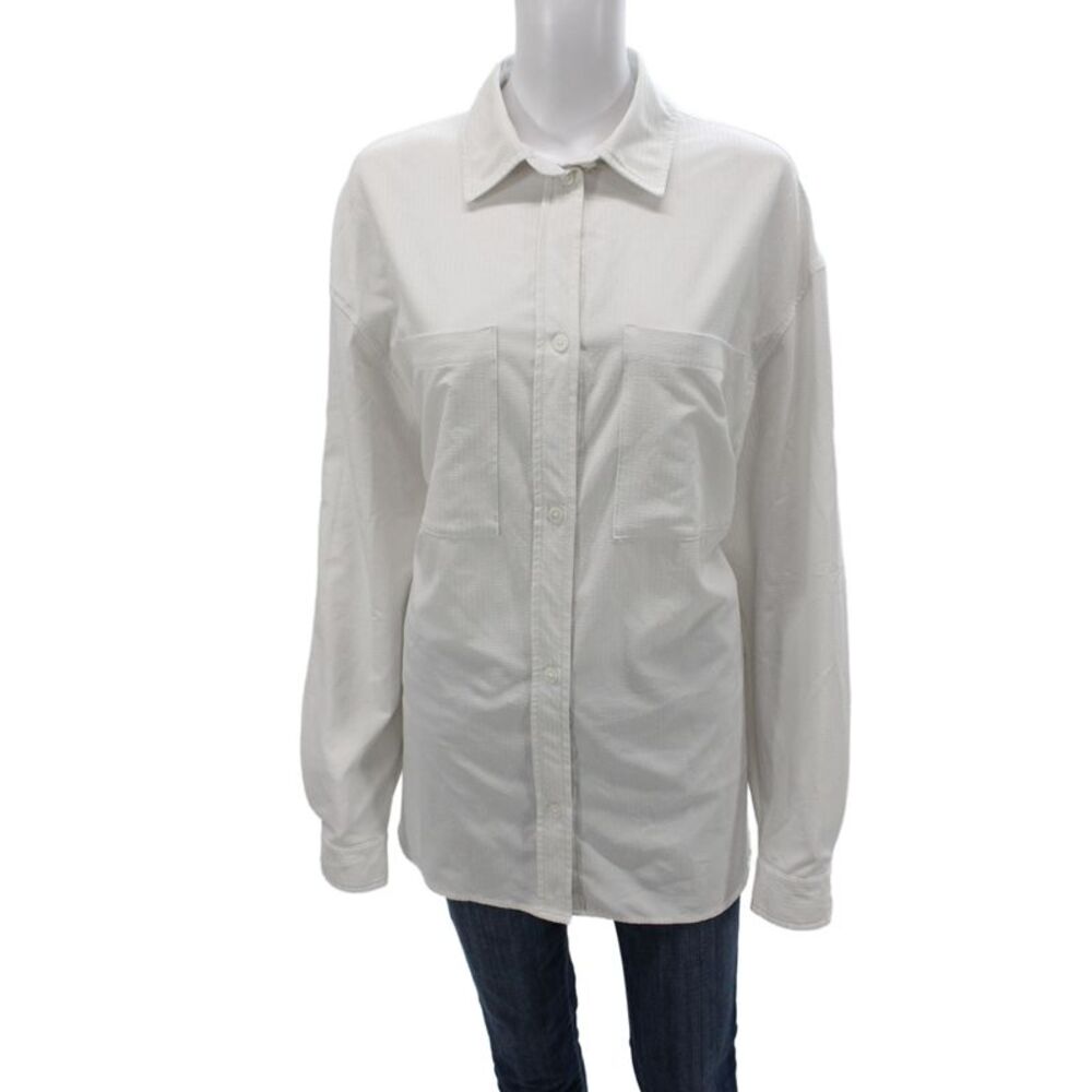 Alo Women Basic White Collared Button-Up Long Sleeve Blouse Size M